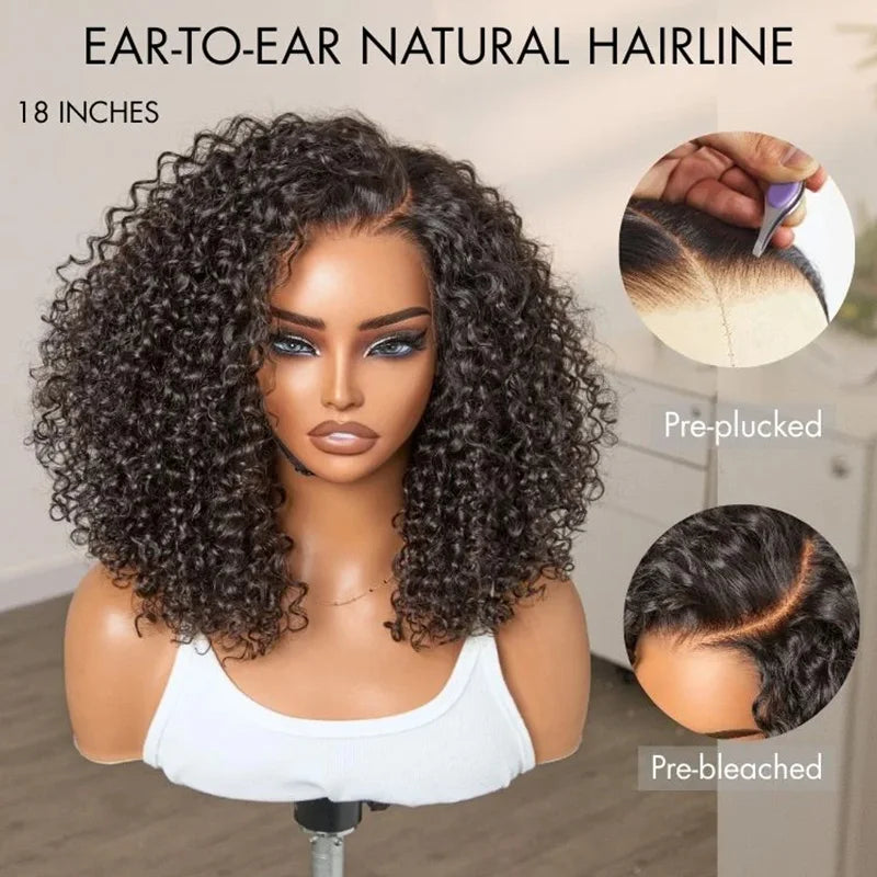 Kinky Curly Bob Wig with 13x4 Breathable Lace, Pre-Plucked & Cut, No Glue Needed, 3-Second Application for Beginners