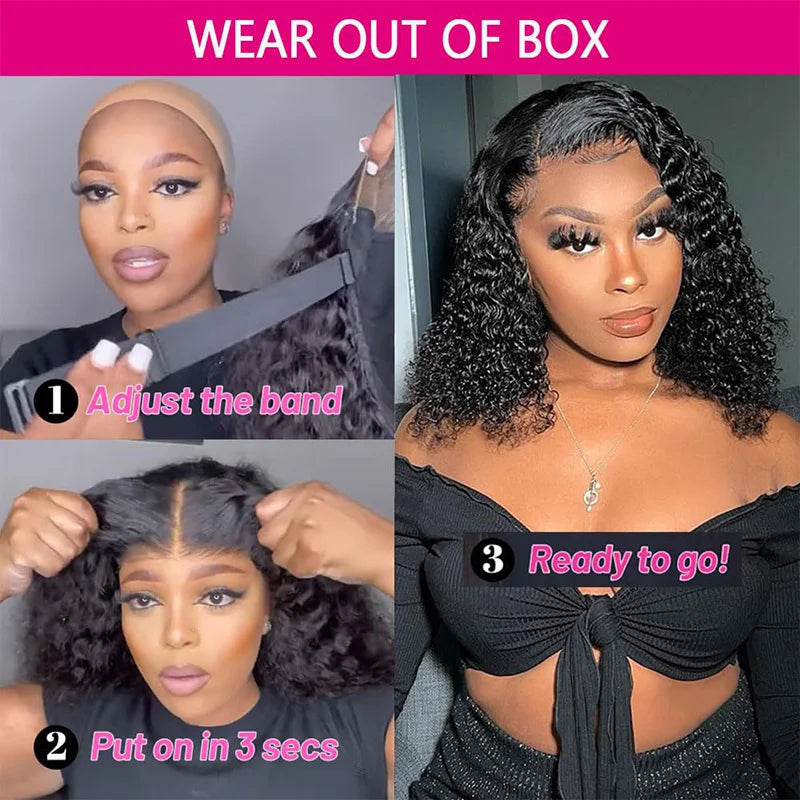 Kinky Curly Bob Wig with 13x4 Breathable Lace, Pre-Plucked & Cut, No Glue Needed, 3-Second Application for Beginners