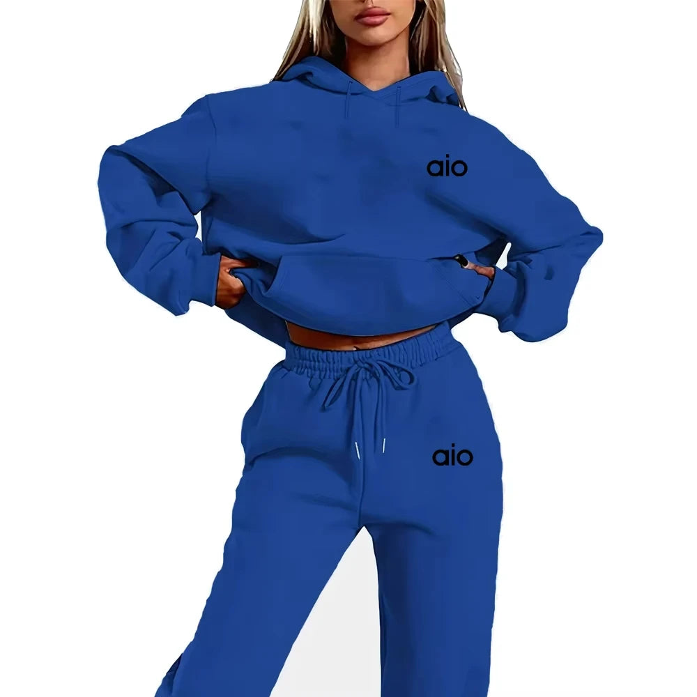 ai Printing High Quality Women Monochrome Hooded Hoodie Set Casual Two-Piece Set New Fashion Hot Selling