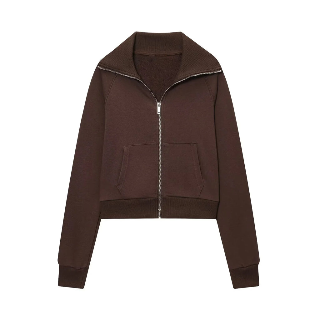 2025 Autumn New Women's Casual Lapel Long-Sleeved Zipper Fleece Jacket + High-Waisted Terry Flared Trousers