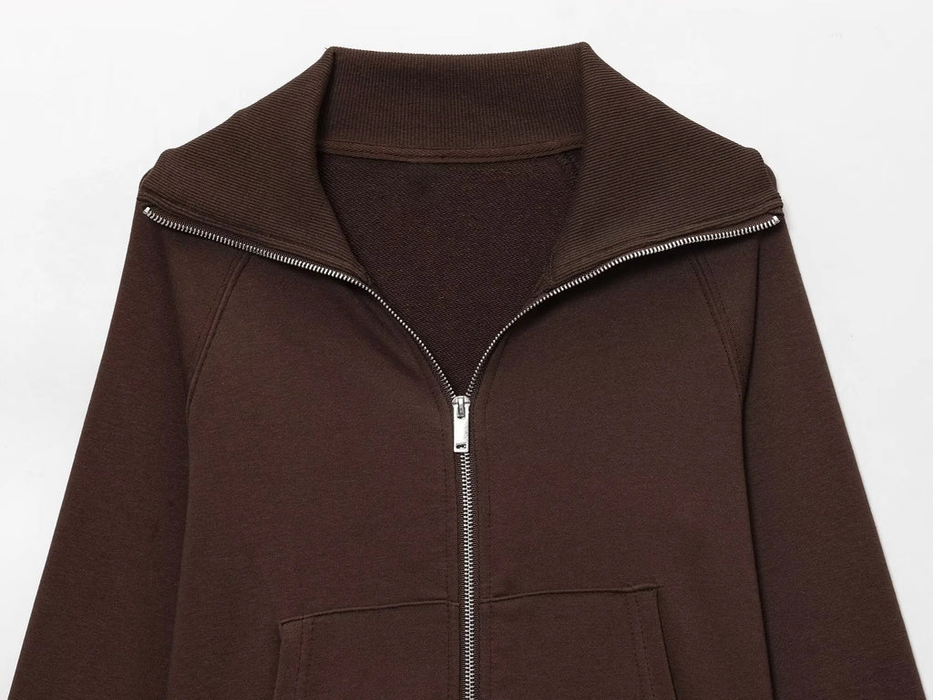 2025 Autumn New Women's Casual Lapel Long-Sleeved Zipper Fleece Jacket + High-Waisted Terry Flared Trousers